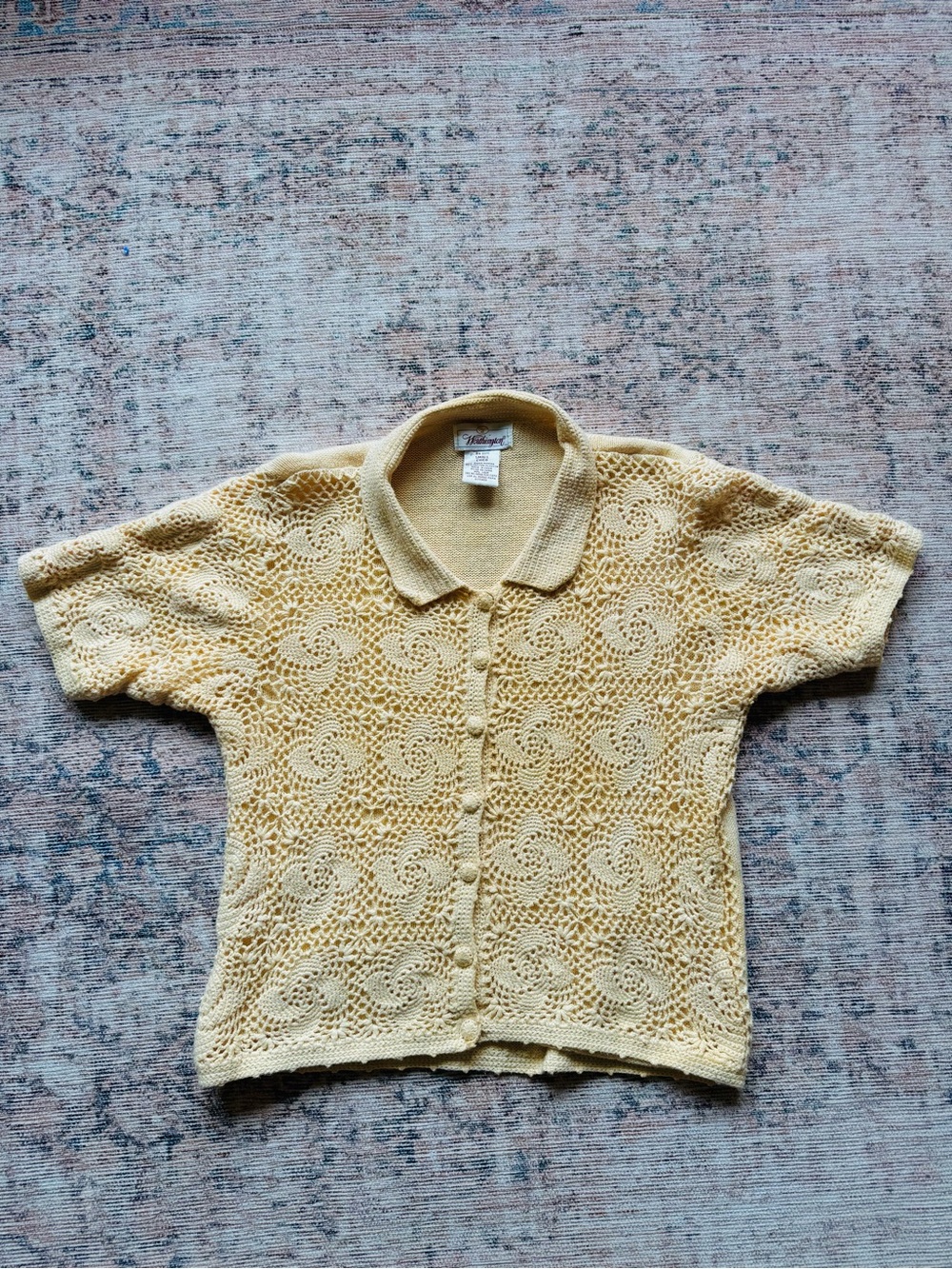{Worthington} Pale Yellow Crochet Polo Cardigan